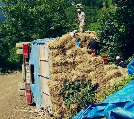 Ot yüklü kamyon devrildi