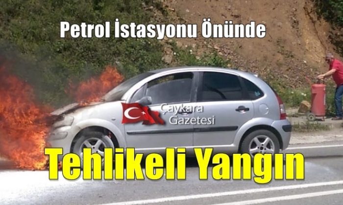 Çaykara’da otomobil petrol istasyonu yanında alev aldı