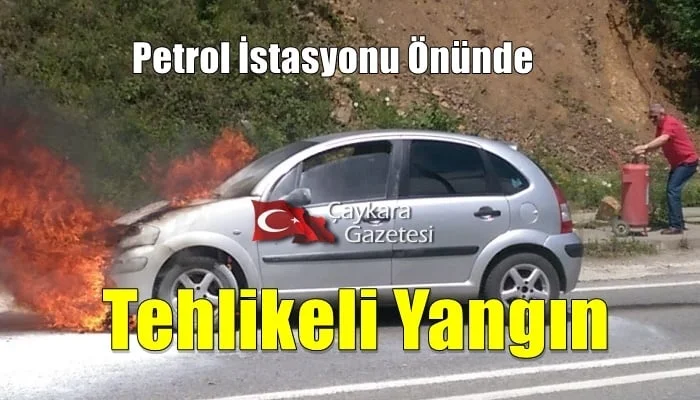 Çaykara’da otomobil petrol istasyonu yanında alev aldı