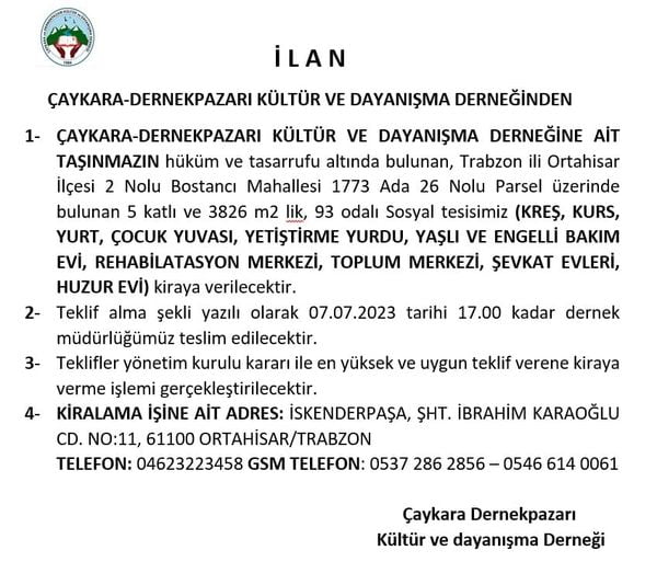 Çaykara Dernekpazarı Kültür ve Dayanışma Derneğinden Duyuru 1