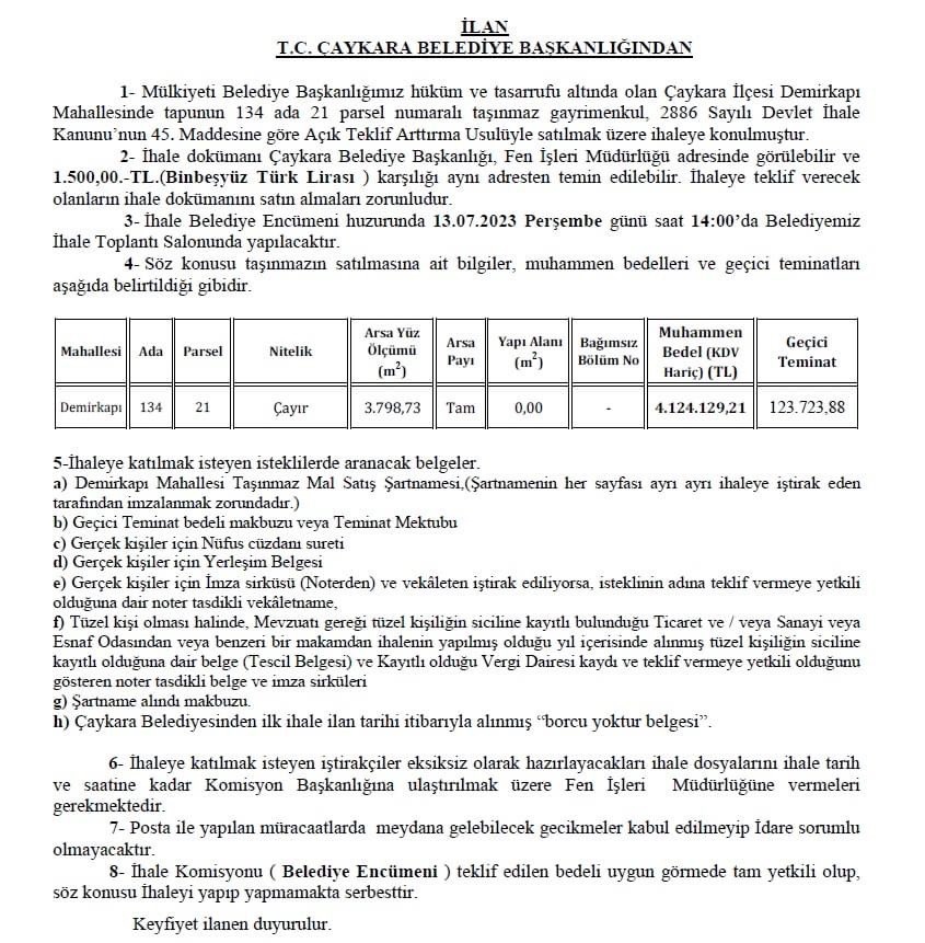 Çaykara Belediyesinden İhale ilanı 1