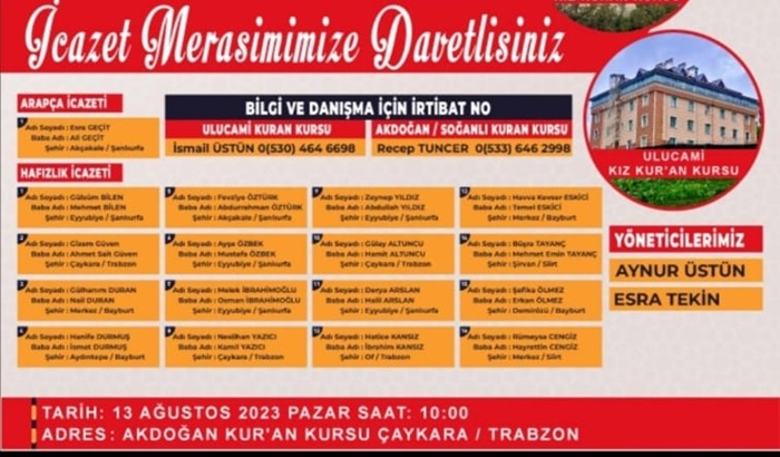 Akdoğan-Soğanlı Kız Kur’an Kursu ile Ulucami Kız Kur’an Kursundan icazet merasimine davet