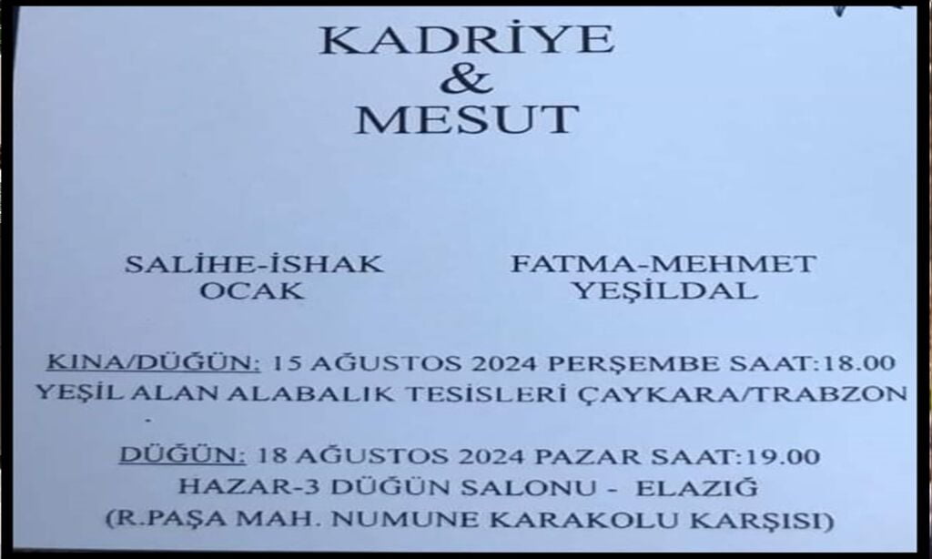 Kadriye ve Mesut Düğün ve Kına Merasimlerine Davet Ediyorlar