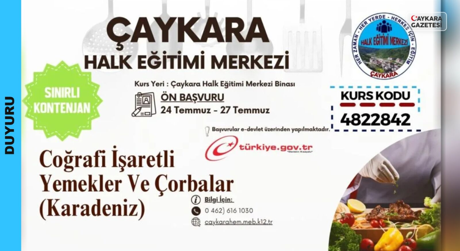Çaykara Halk Eğitimi Merkezinden Yemek Kültürü Kursu Açılıyor