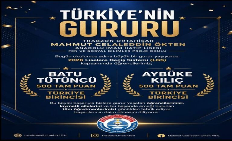 Trabzon’da LGS Gururu: İki Öğrenci 500 Tam Puanla Türkiye Birincisi Oldu